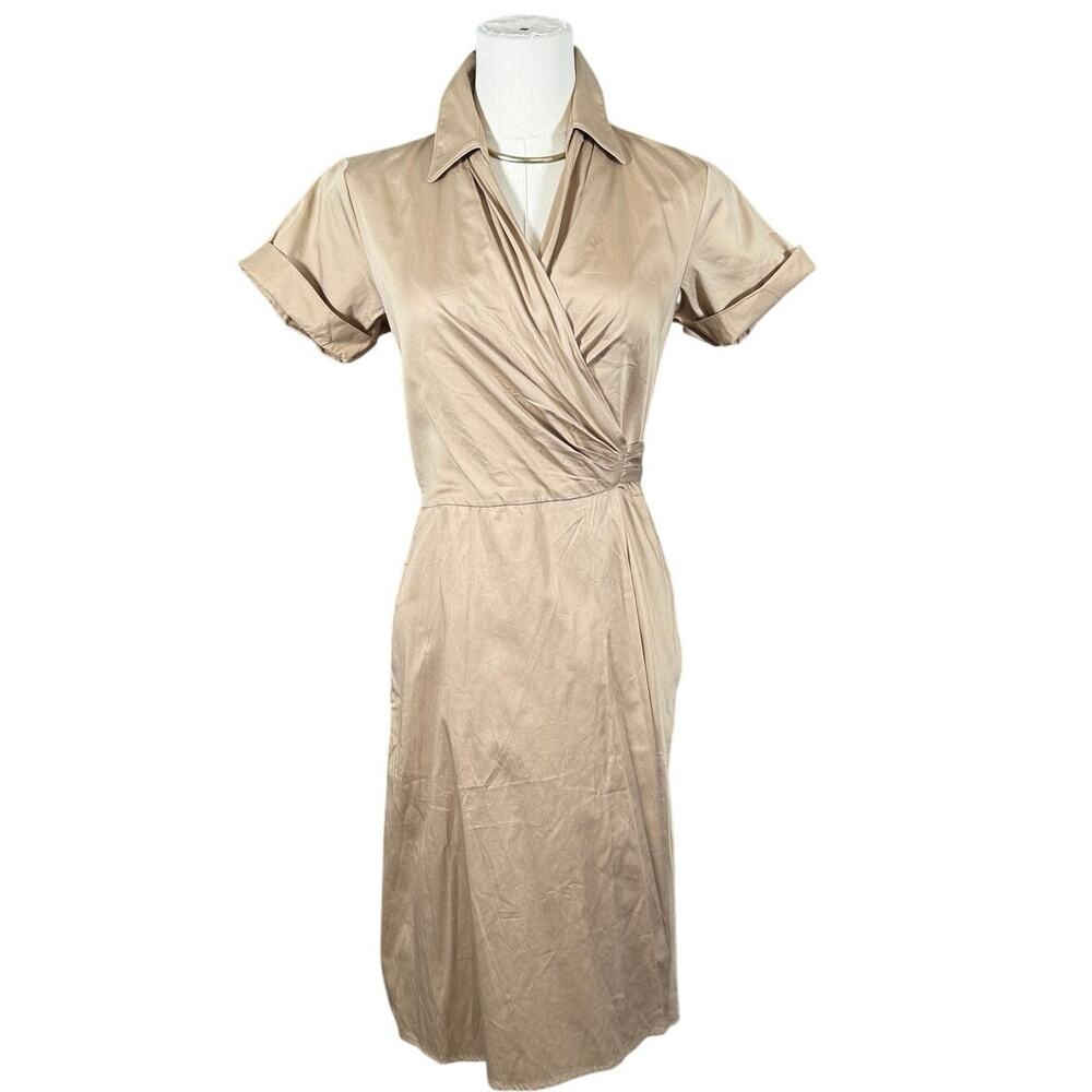 Talbots Beige Cotton Wrap Dress Short Sleeve Petite 2P NWOT Classic Work Wear